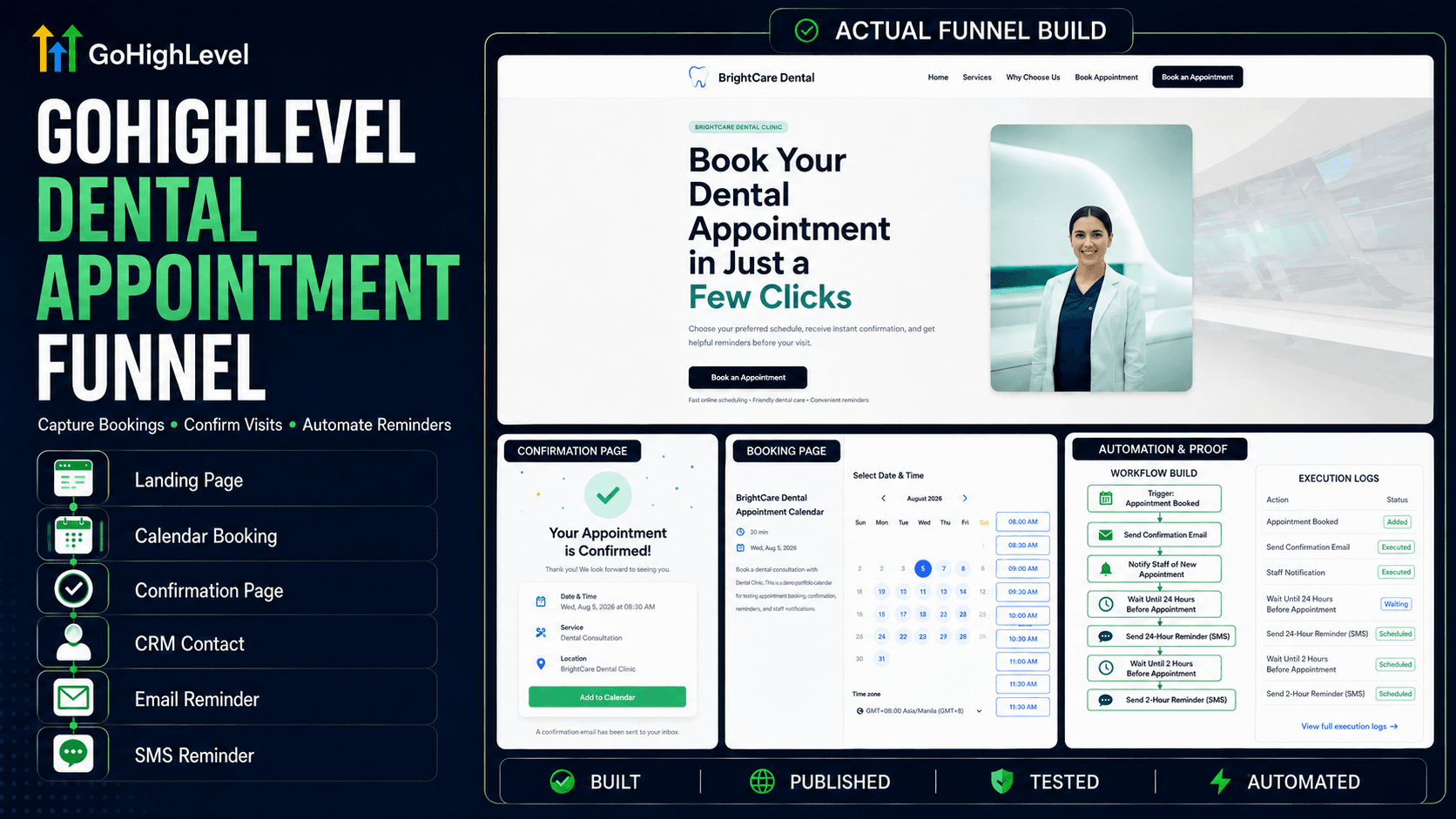 BrightCare Dental GoHighLevel appointment booking funnel with landing page, booking calendar, confirmation page, and automation proof